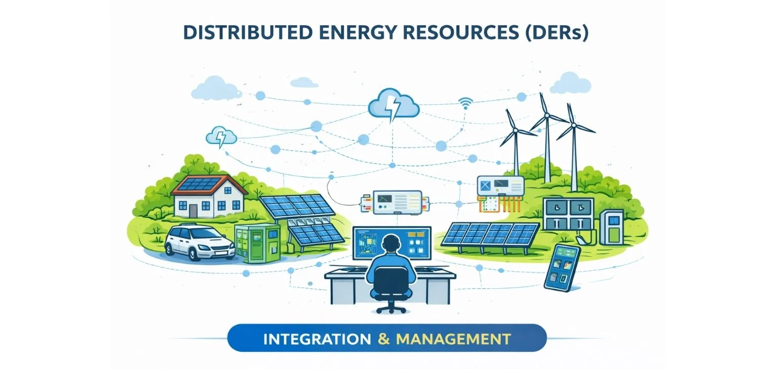 Comprehensive diagram of Distributed Energy Resources (DERs) including solar, wind, and battery storage
